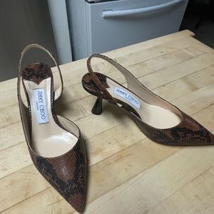 Jimmy Choo snake embossed sling back heel.